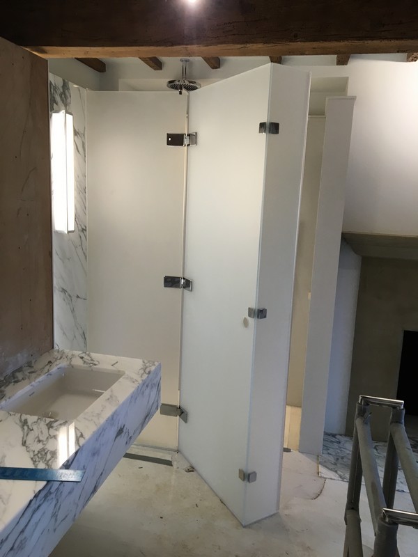 Bespoke frosted glass shower enclosure in Carshalton luxury bathroom